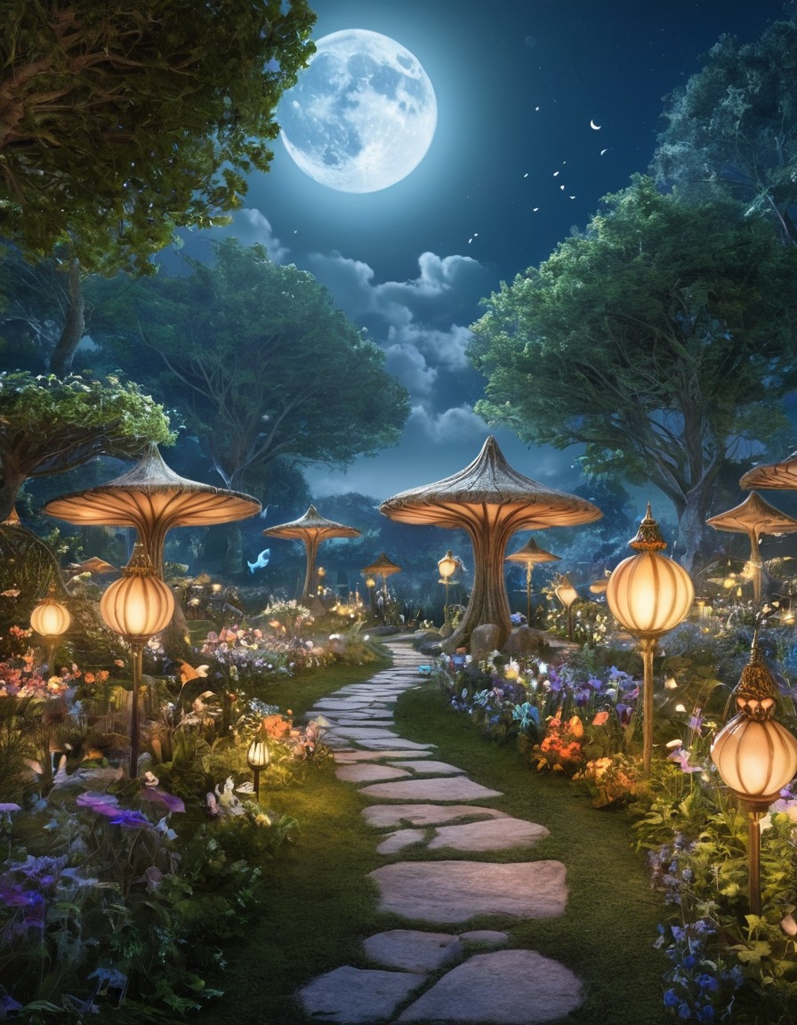 enchanted garden, fairies, full moon, magic, fantasy