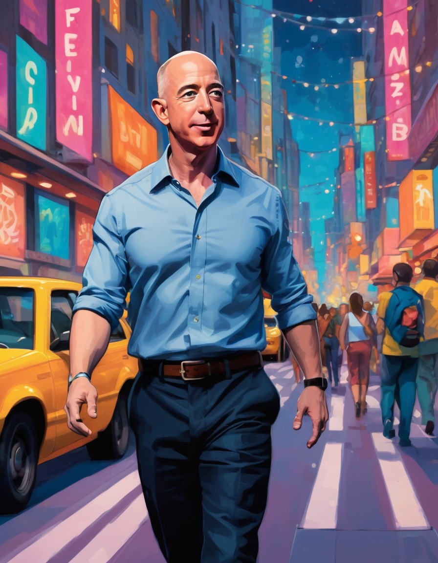 jeff bezos, impressionism, cityscape, lights, movement