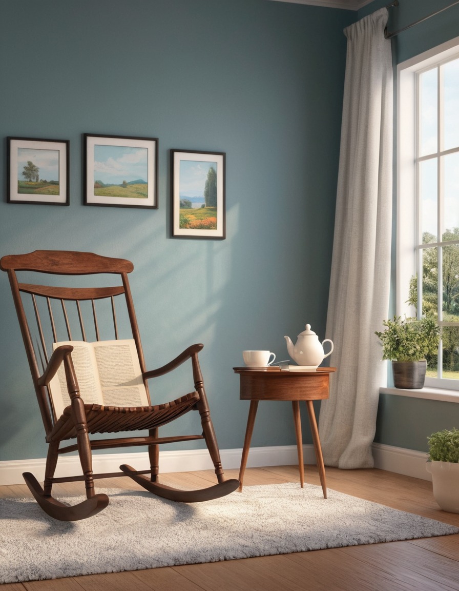 peaceful, corner, rocking chair, tea, book, relaxation, home, interior