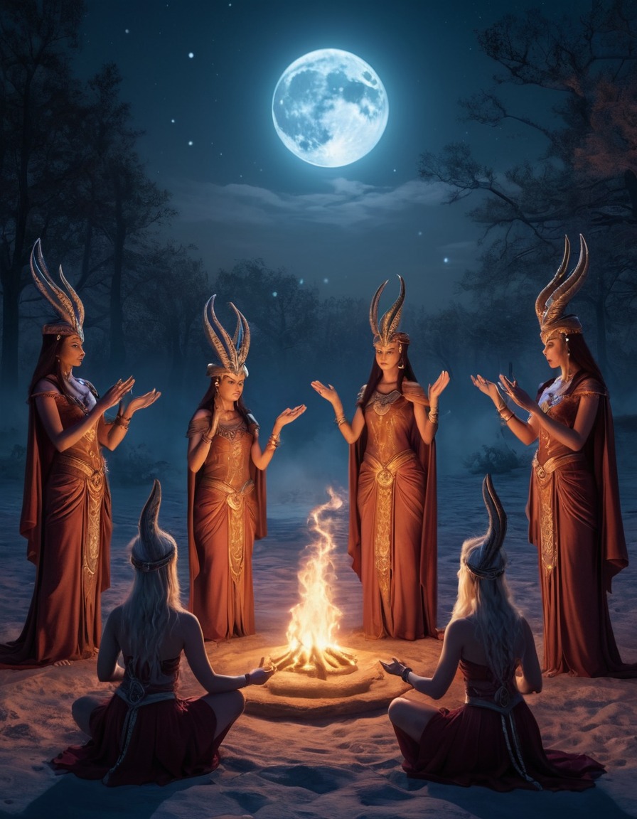 mystical beings, ritual, full moon, fantasy, magic