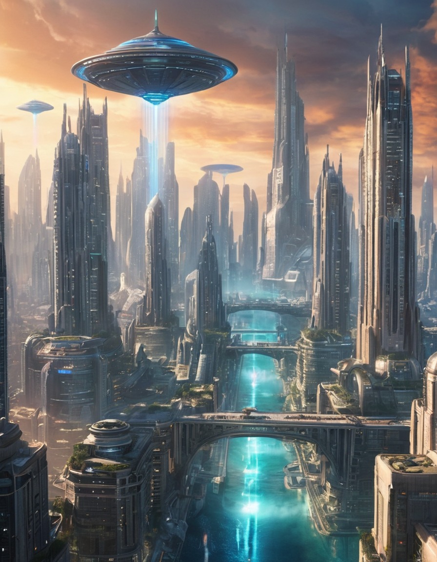 futuristic, metropolis, hovercrafts, alien skyscrapers, extraterrestrial, aliens