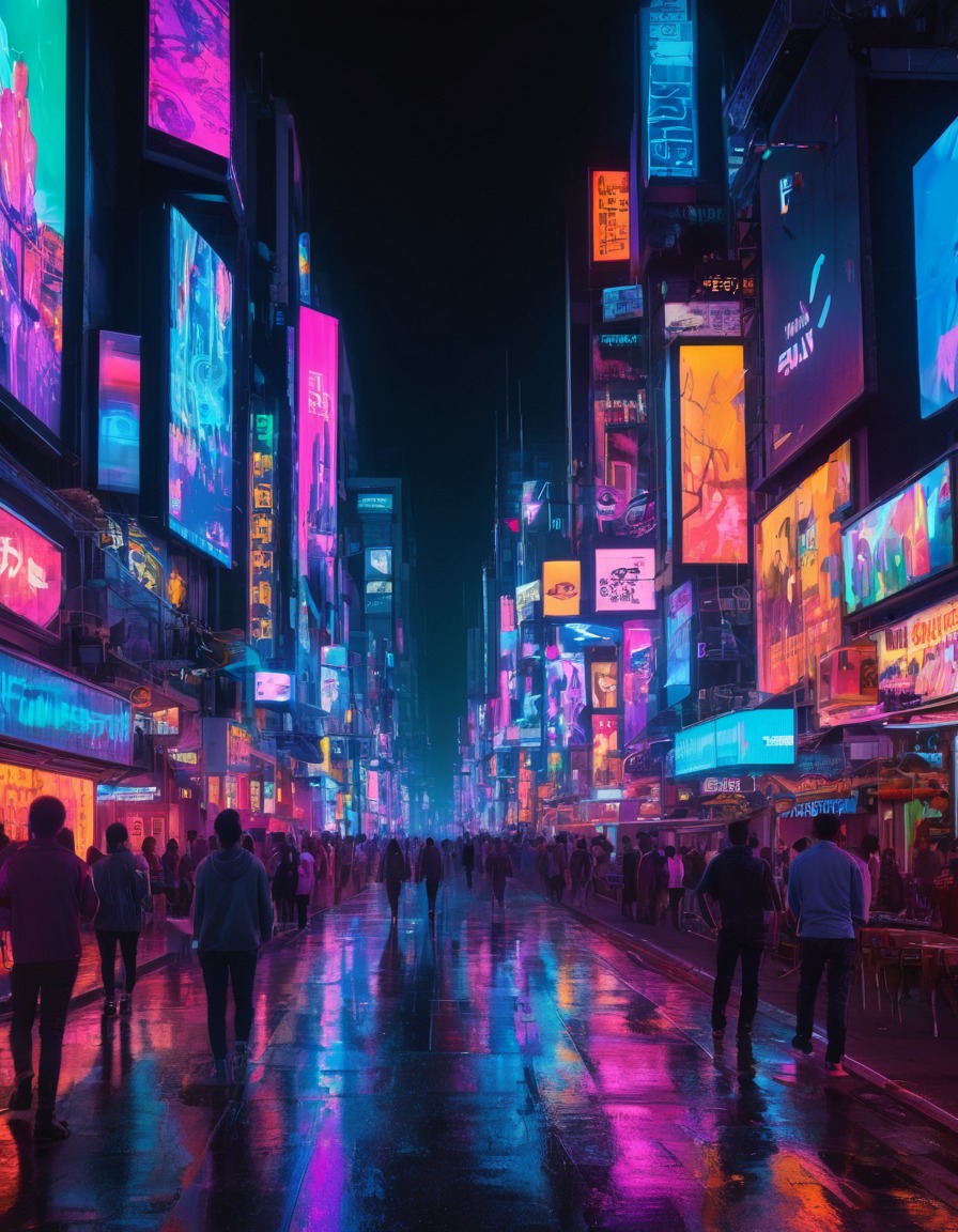 city, street, neon lights, digital billboards, bustling, modern city