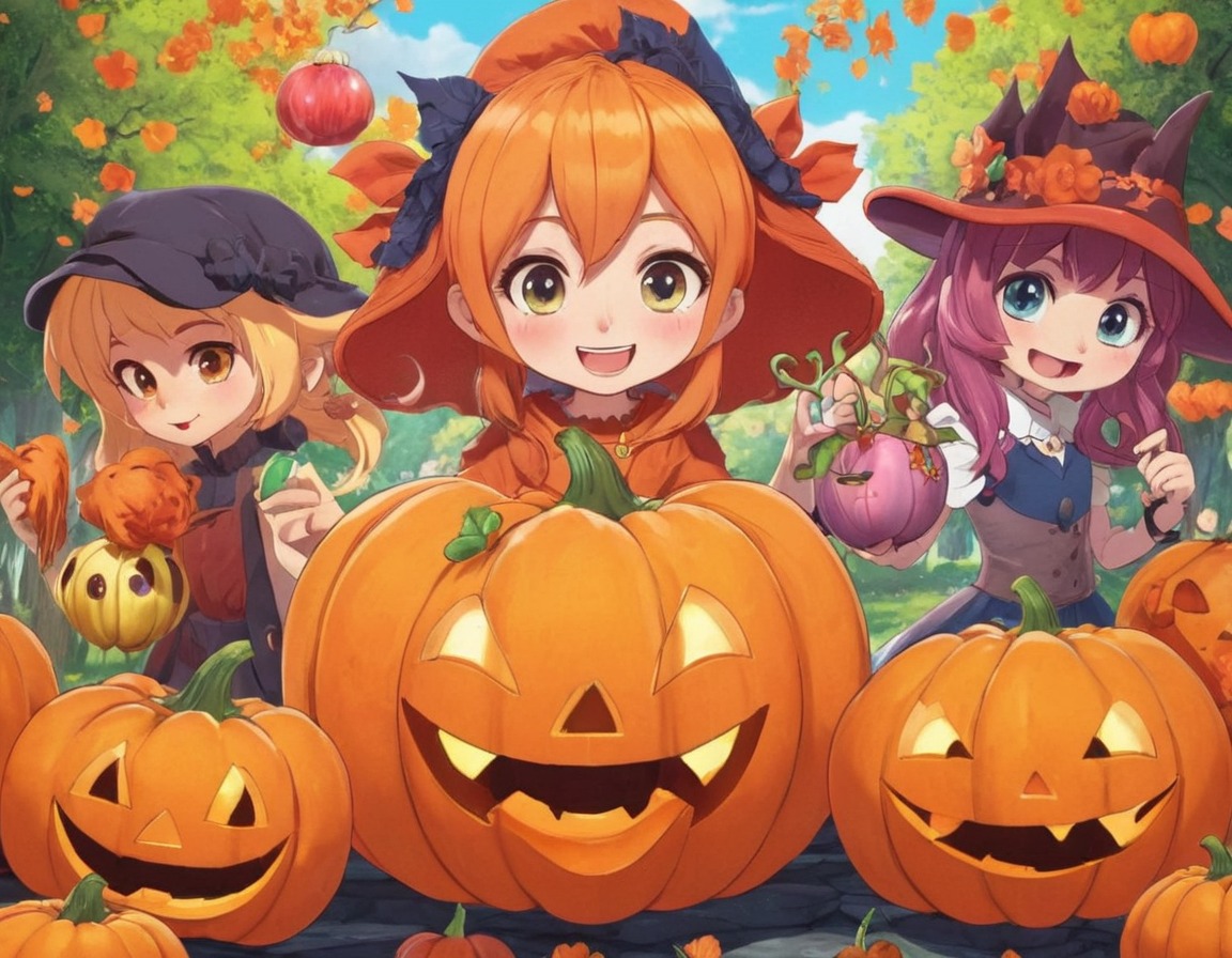 dreamup, animegirls, hallowen, jackolanterns, pumpkins, gitls, aiart, dailychallenge, ai_art, pumpkinpals