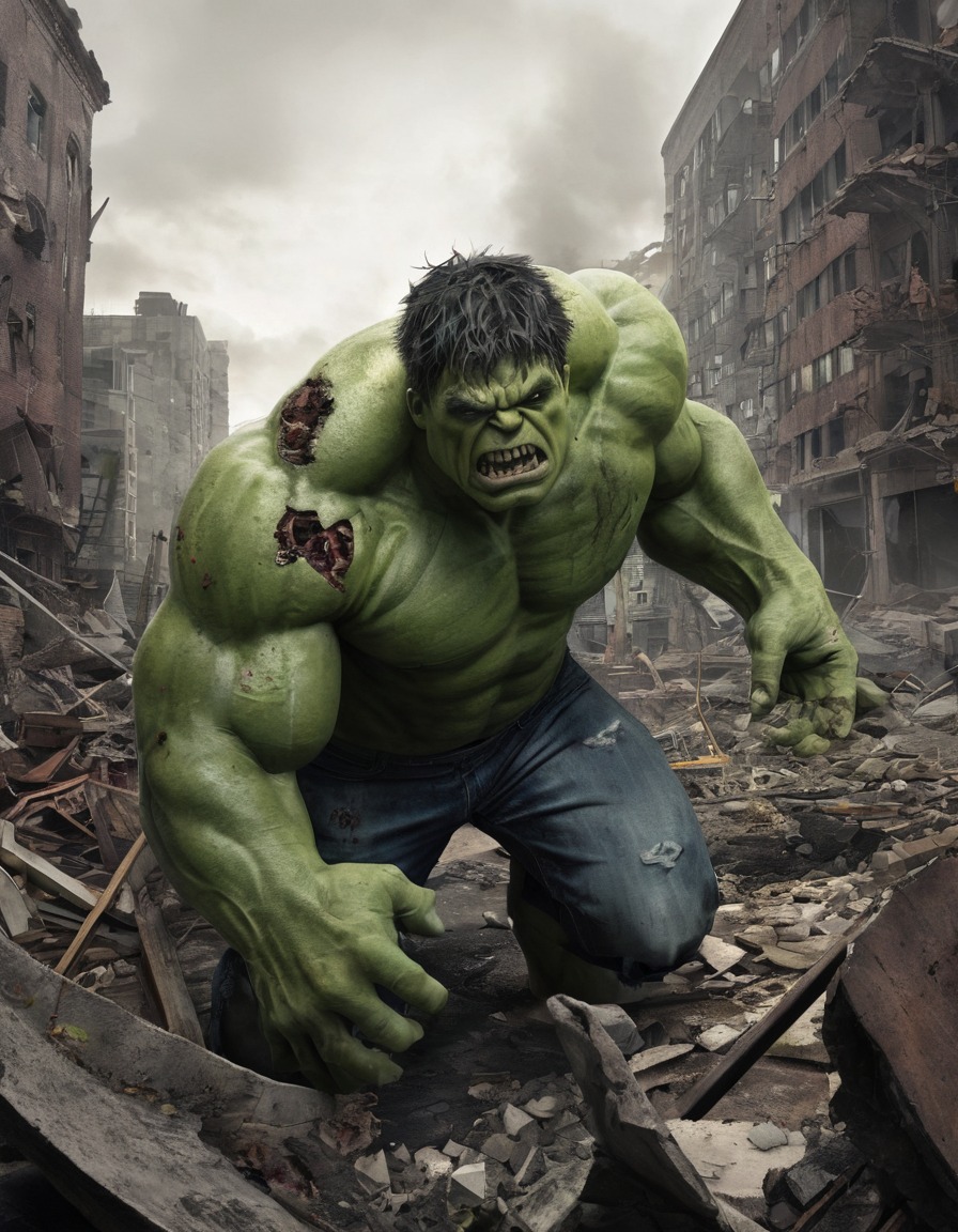 zombie, hulk, ruins, cityscape, marvel