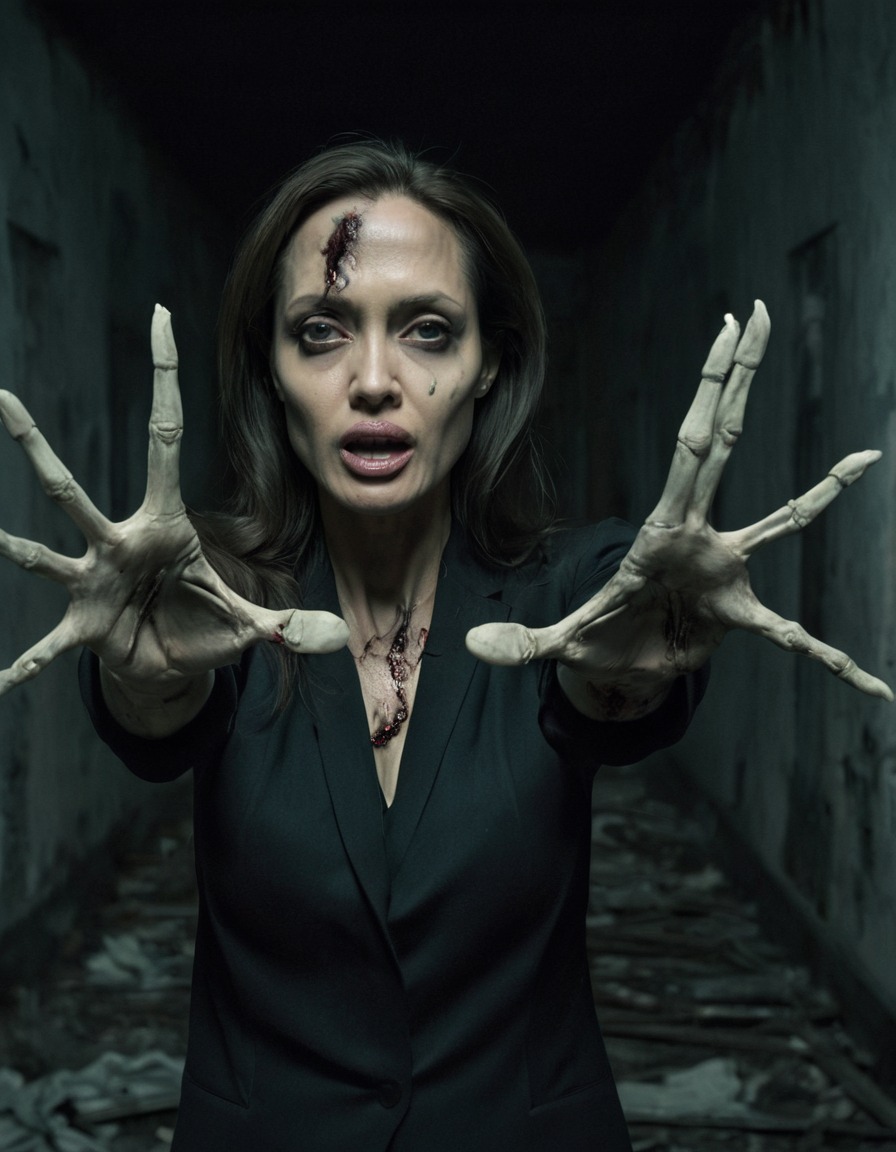 angelina jolie, zombie, horror, dark, abandoned building, skeletal hands, celebrities