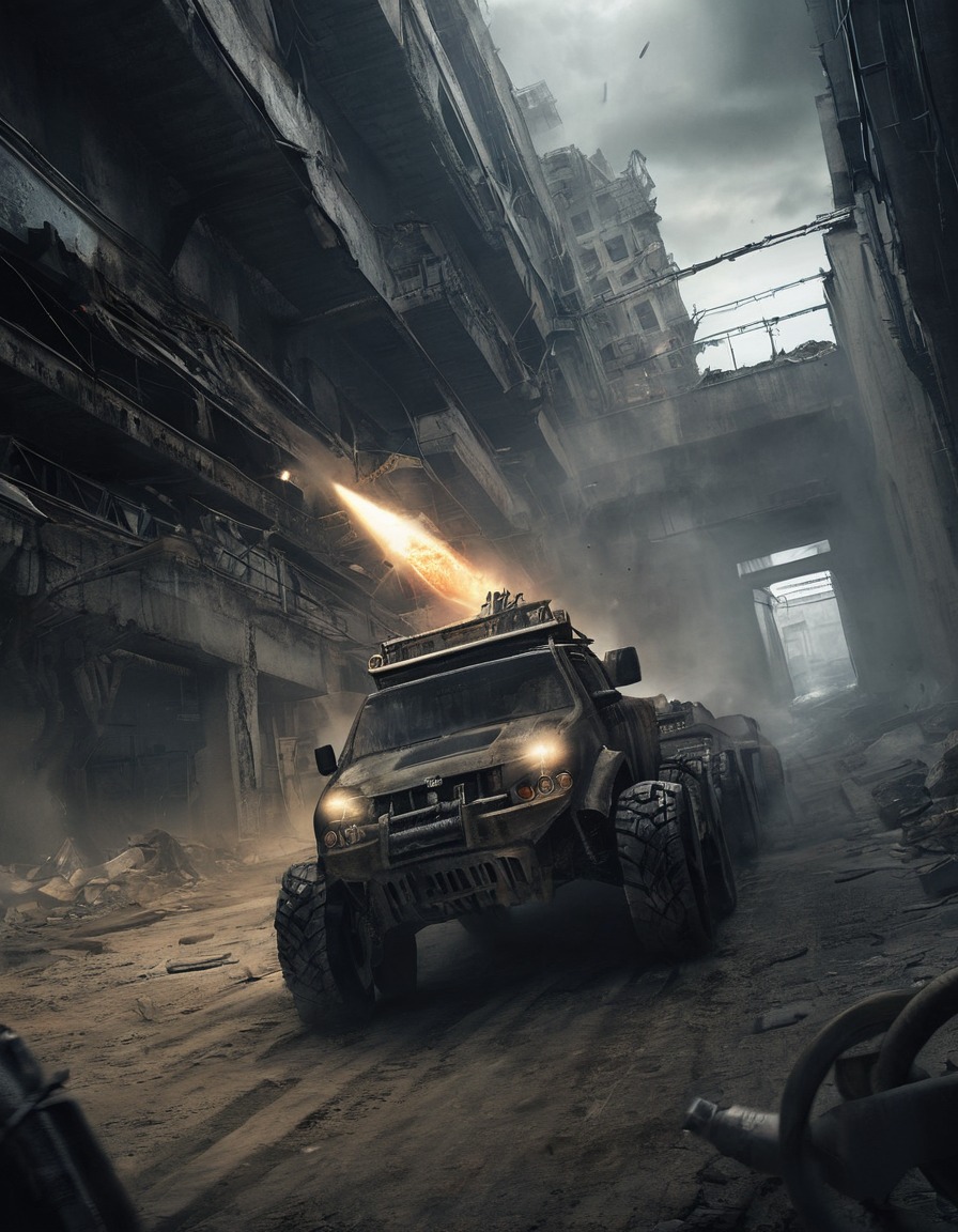 action, adventure, chase, stunts, industrial ruins, high-speed pursuit, explosion, mad max