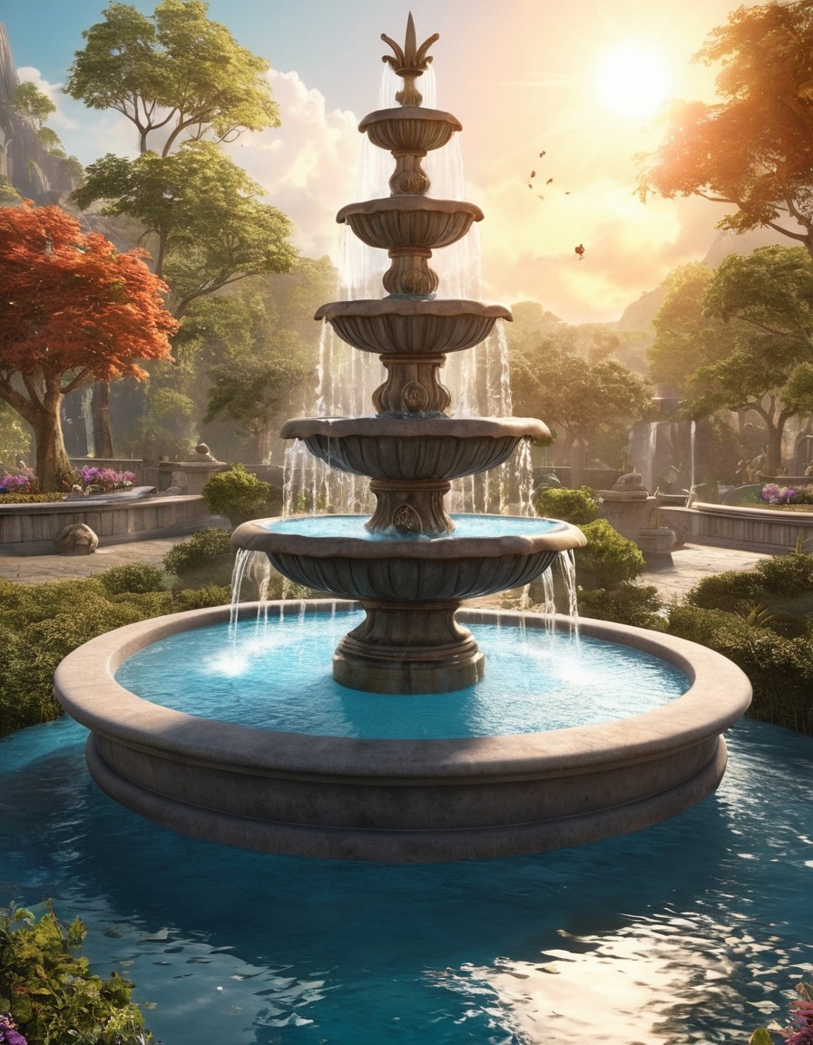 magical fountain, wish granting, coin toss, fantasy, magical powers, water element, folklore