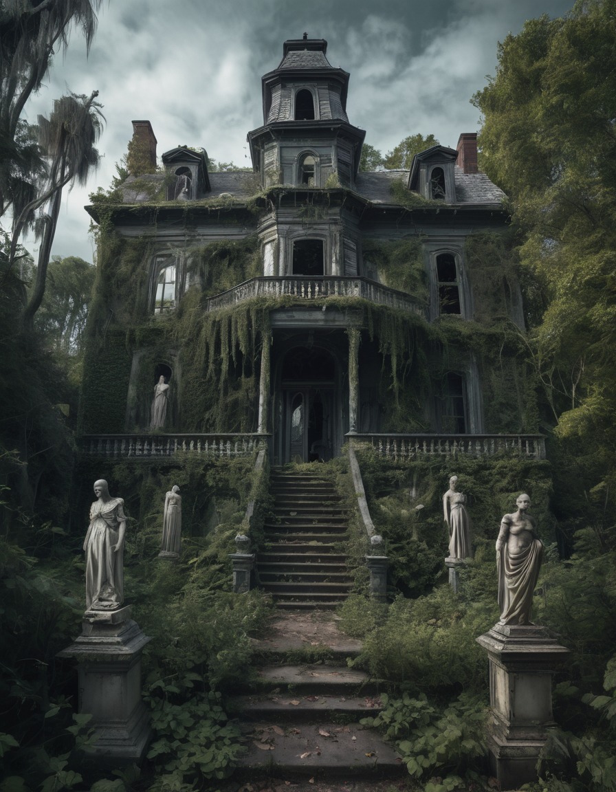 haunted mansion, boarded-up windows, overgrown garden, ancient statues, gothic, underground, dark