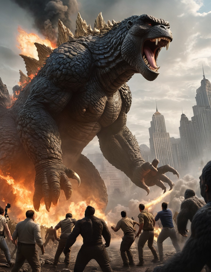 godzilla, king kong, battle, monster, city destruction, kong