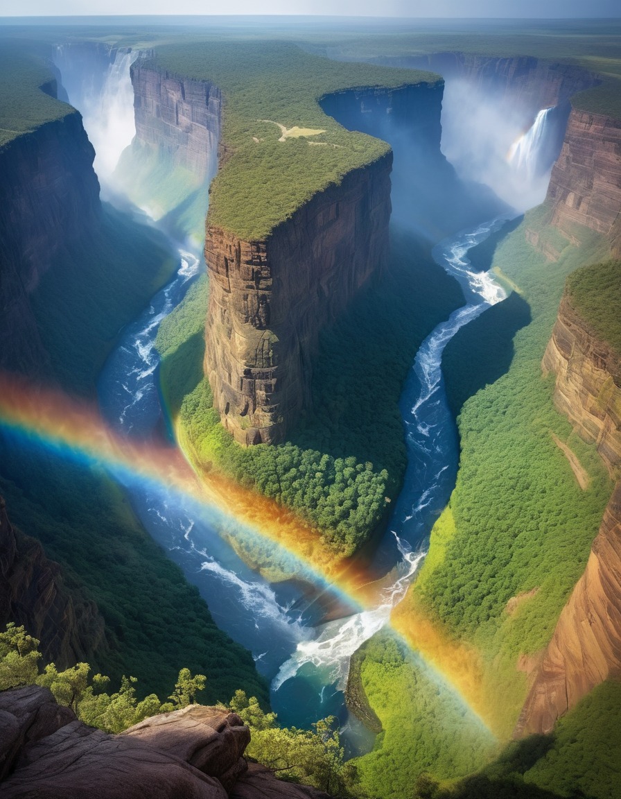 river, canyon, waterfall, mist, rainbow, nature