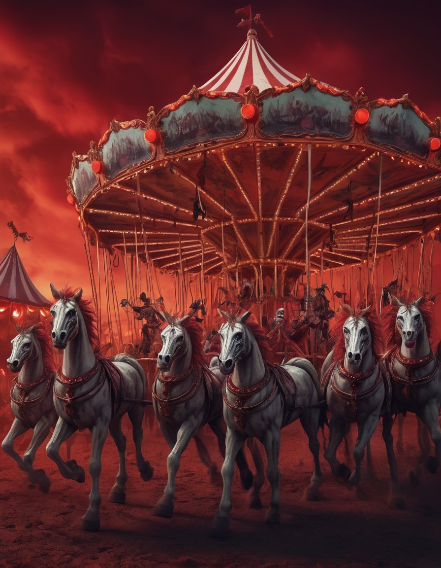 macabre, carnival, twisted clowns, eerie, carousel horses, blood-red sky, gothic, underground, dark