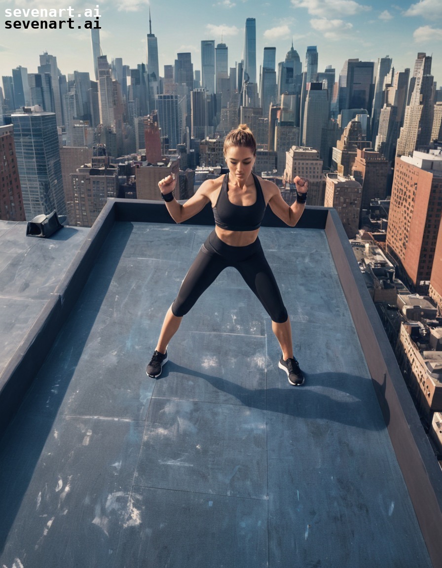 woman, workout, high-intensity, rooftop, cityscape, woman sport, sport