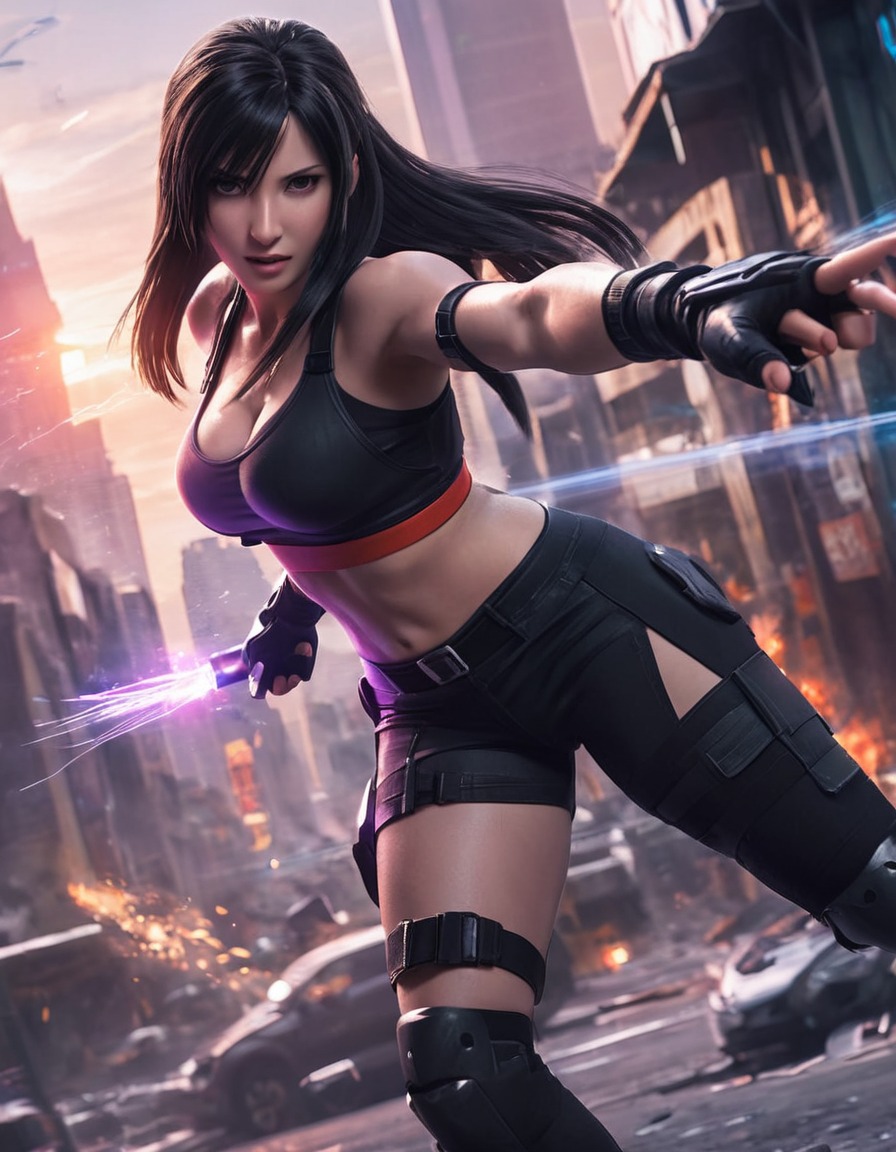 futuristic, powerful, fighting, cityscape, anime, games, girls from games