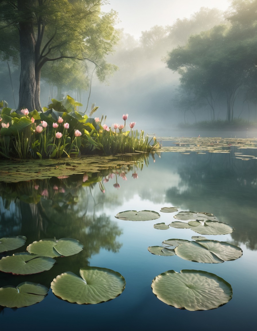 nature, misty, pond, water lilies, reflections