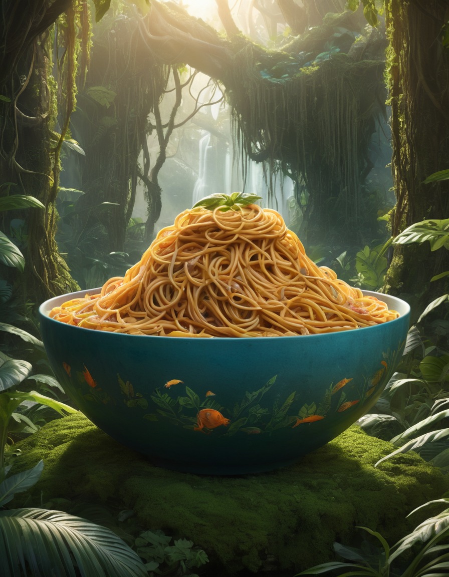 giant bowl, spaghetti, jungle, strange, food sculpture, wilderness, mystery