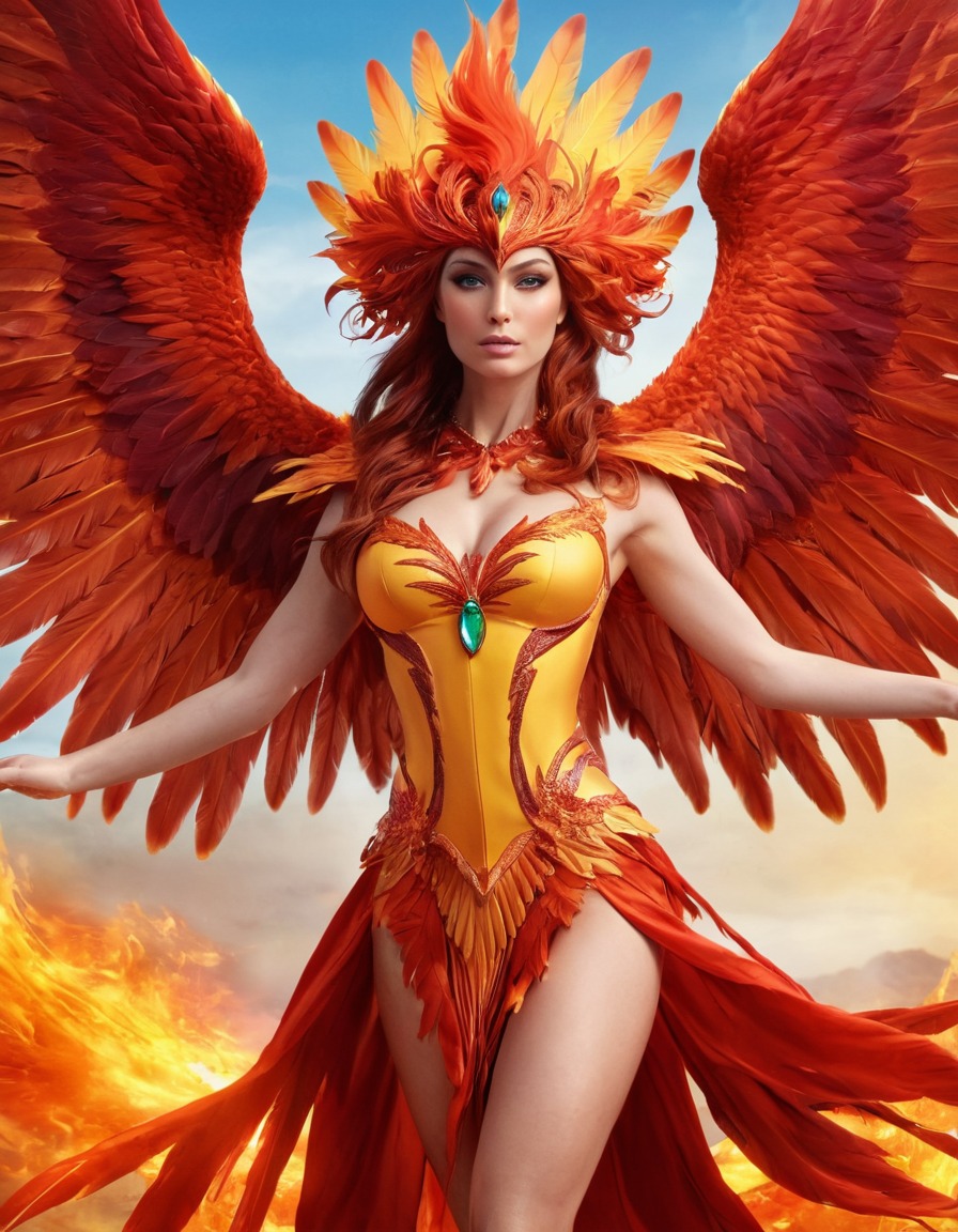 phoenix, birdwoman, rebirth, passion, vibrant plumage, mythical creature, symbolism