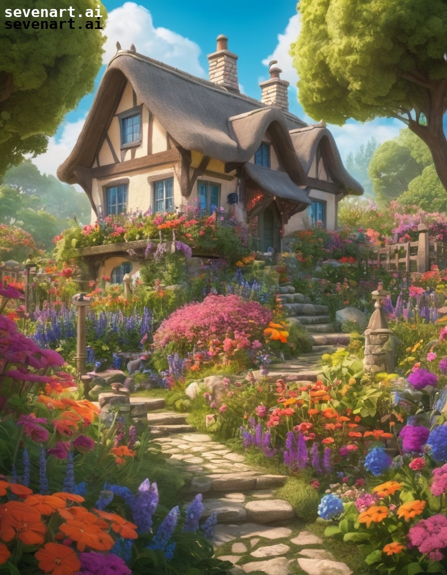 cottage, flowers, garden, whimsical, colorful, house, home