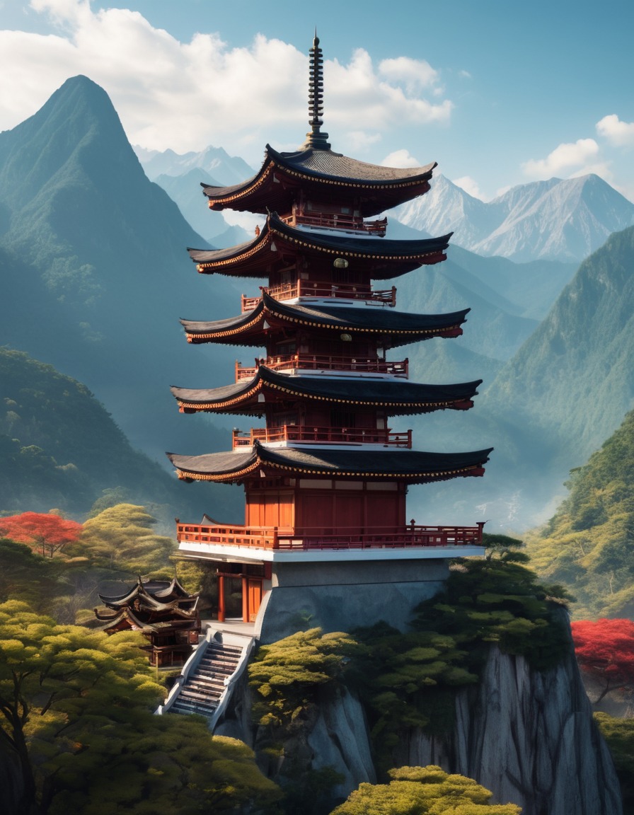 architecture, pagoda, mountains, landscape, traditional