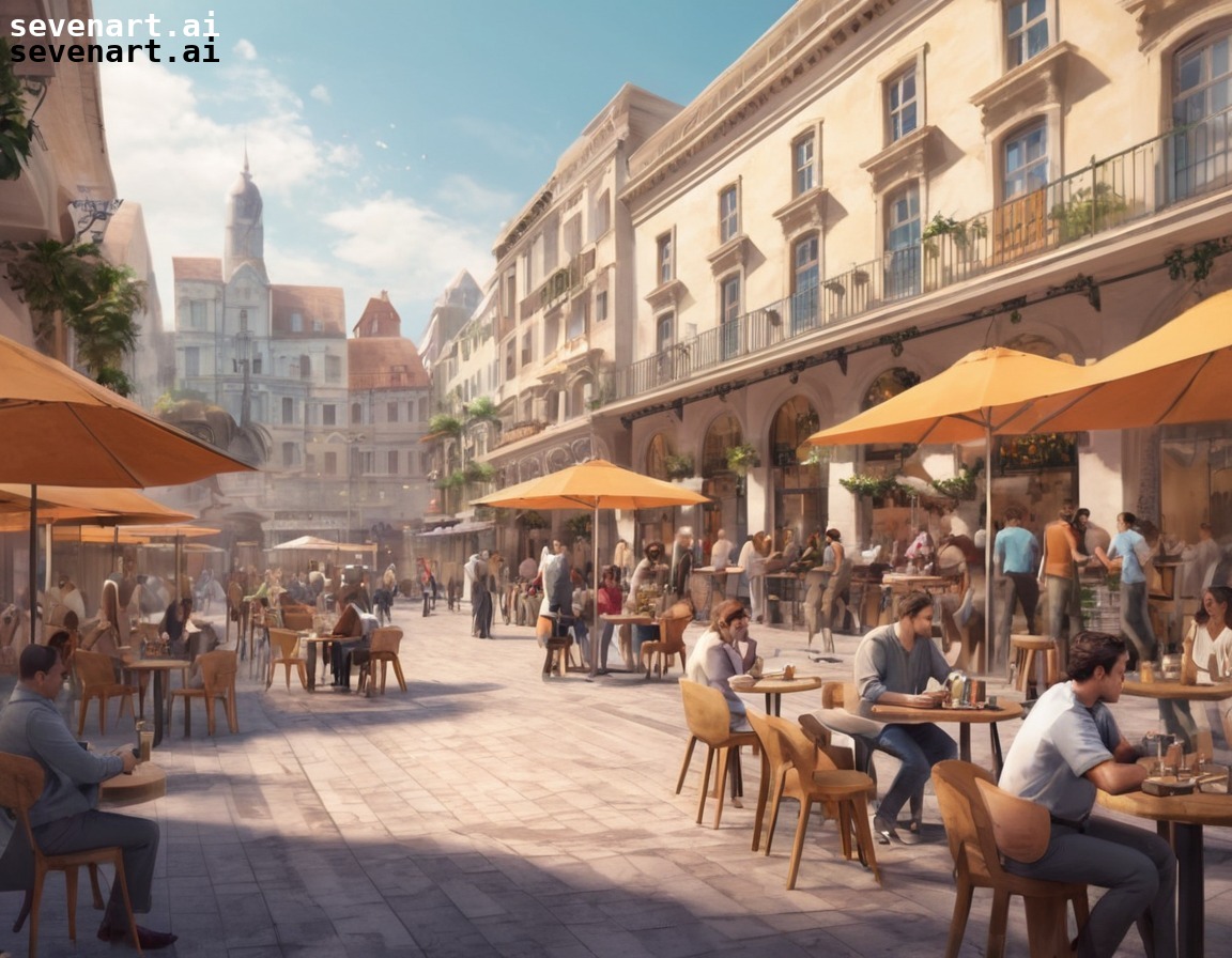 city, plaza, outdoor cafes, street performers, urban atmosphere, modern city