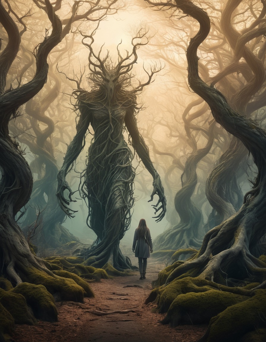 fantasy, lone figure, twisted forest, gnarled trees, strange creatures, lovecraft, howard lovecraft