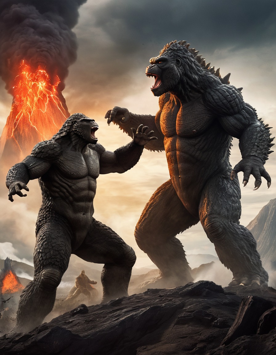 godzilla, king kong, monsters, showdown, volcano, action, epic battle, kong