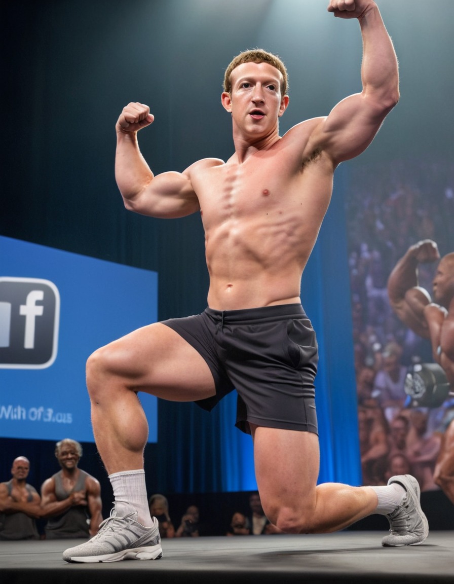 mark zuckerberg, bodybuilding, muscles, flexing, stage