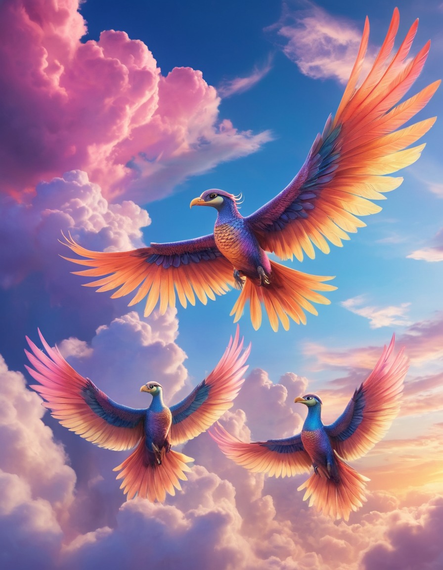 winged creatures, iridescent feathers, sky, multi-colored clouds, fantastic