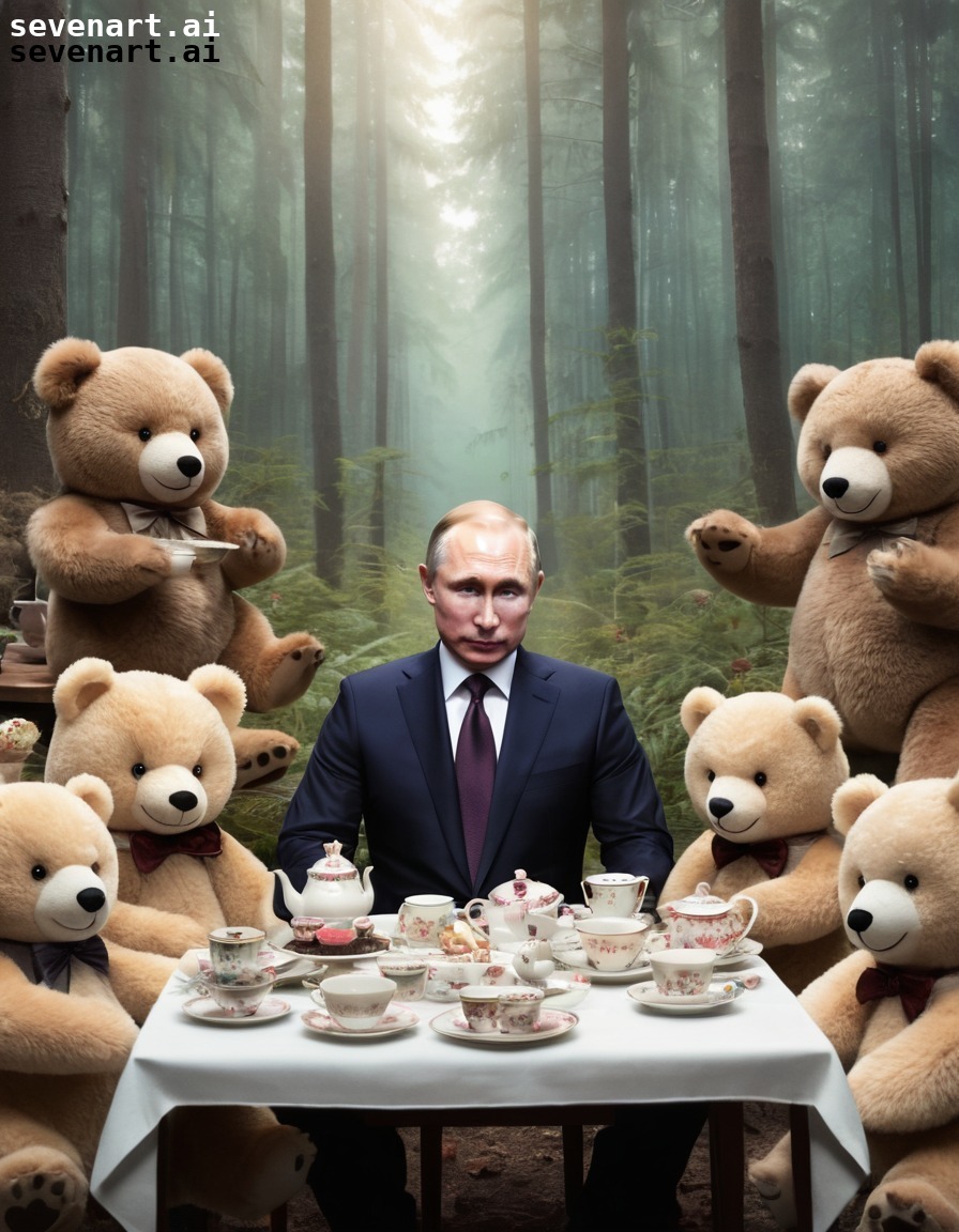 humorous, surreal, political satire, whimsical, teddy bears, putin, russia, russian president