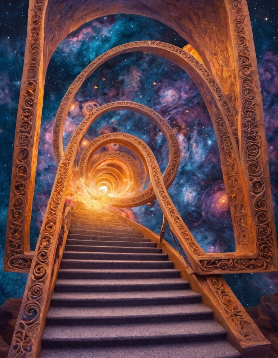 staircase, portal, galaxies, space, science fiction, surreal