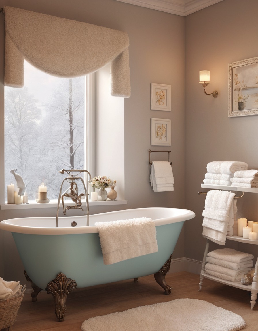 bathroom, clawfoot tub, scented candles, fluffy towels, home, interior