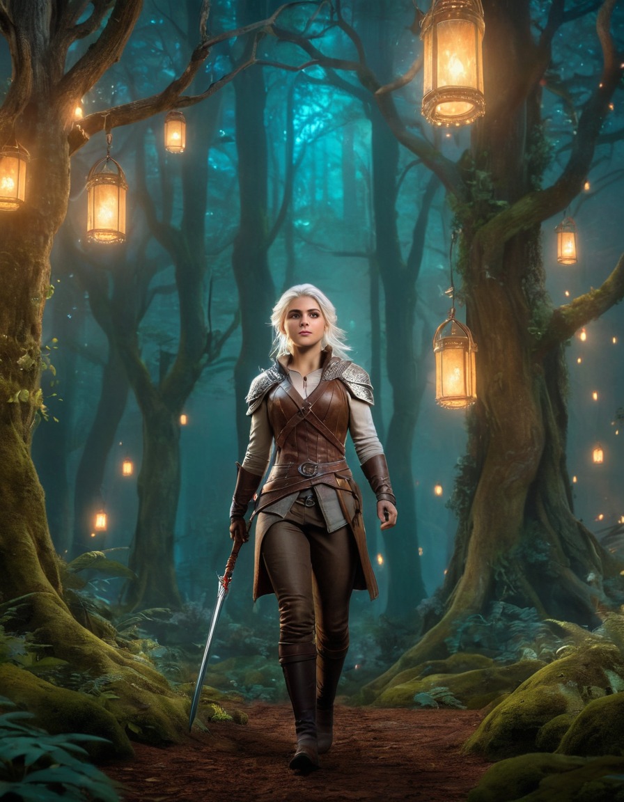 ciri, magical forest, mystical creatures, glowing lights, games, girls from games