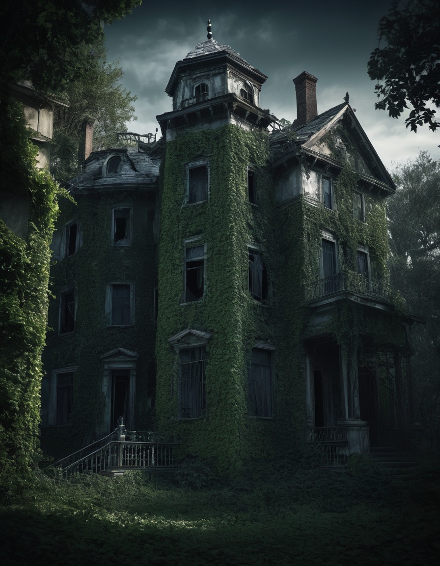 haunted mansion, ivy-covered walls, broken windows, eerie shadows, gothic, underground, dark