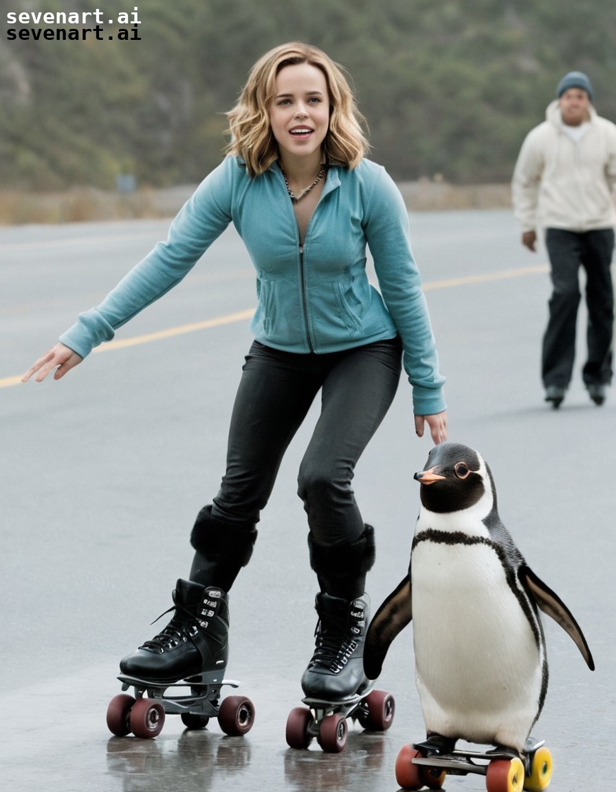 rachel mcadams, rollerblading, penguin, fun, unique, actress, movies, movie stars