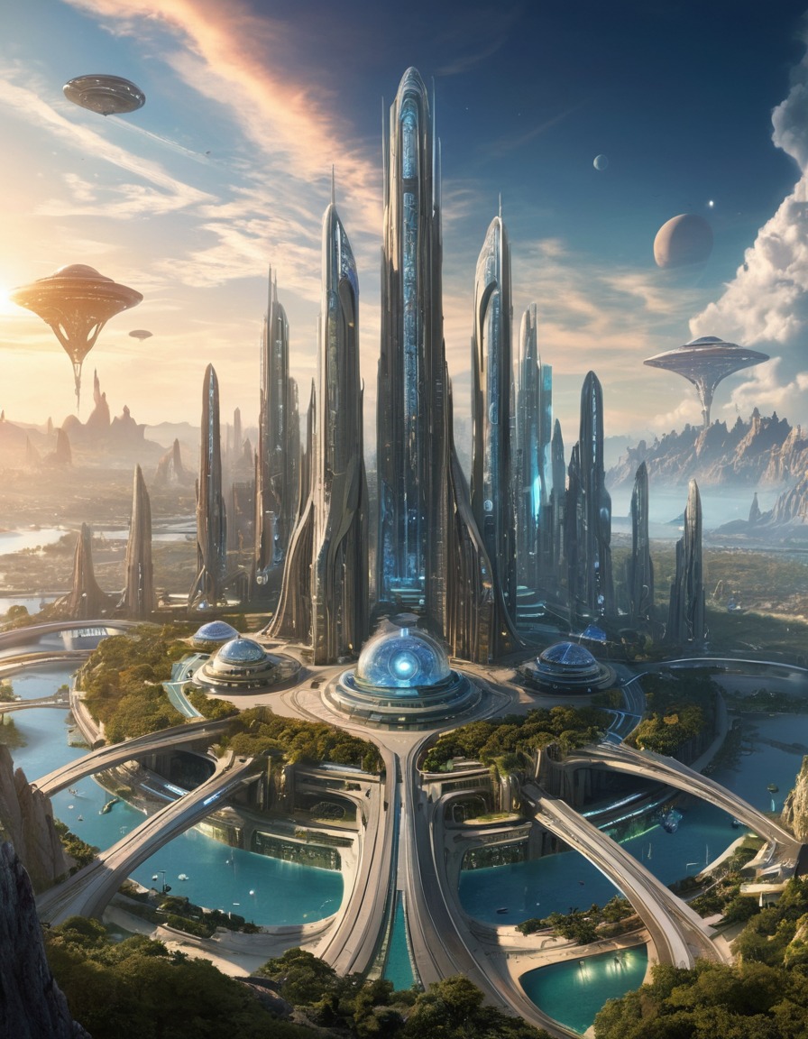 extraterrestrial city, advanced technology, unique architecture, futuristic society, extraterrestrial, aliens