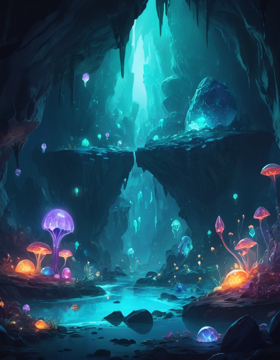 cave, gemstones, bioluminescent, mystery, creatures, fantastic