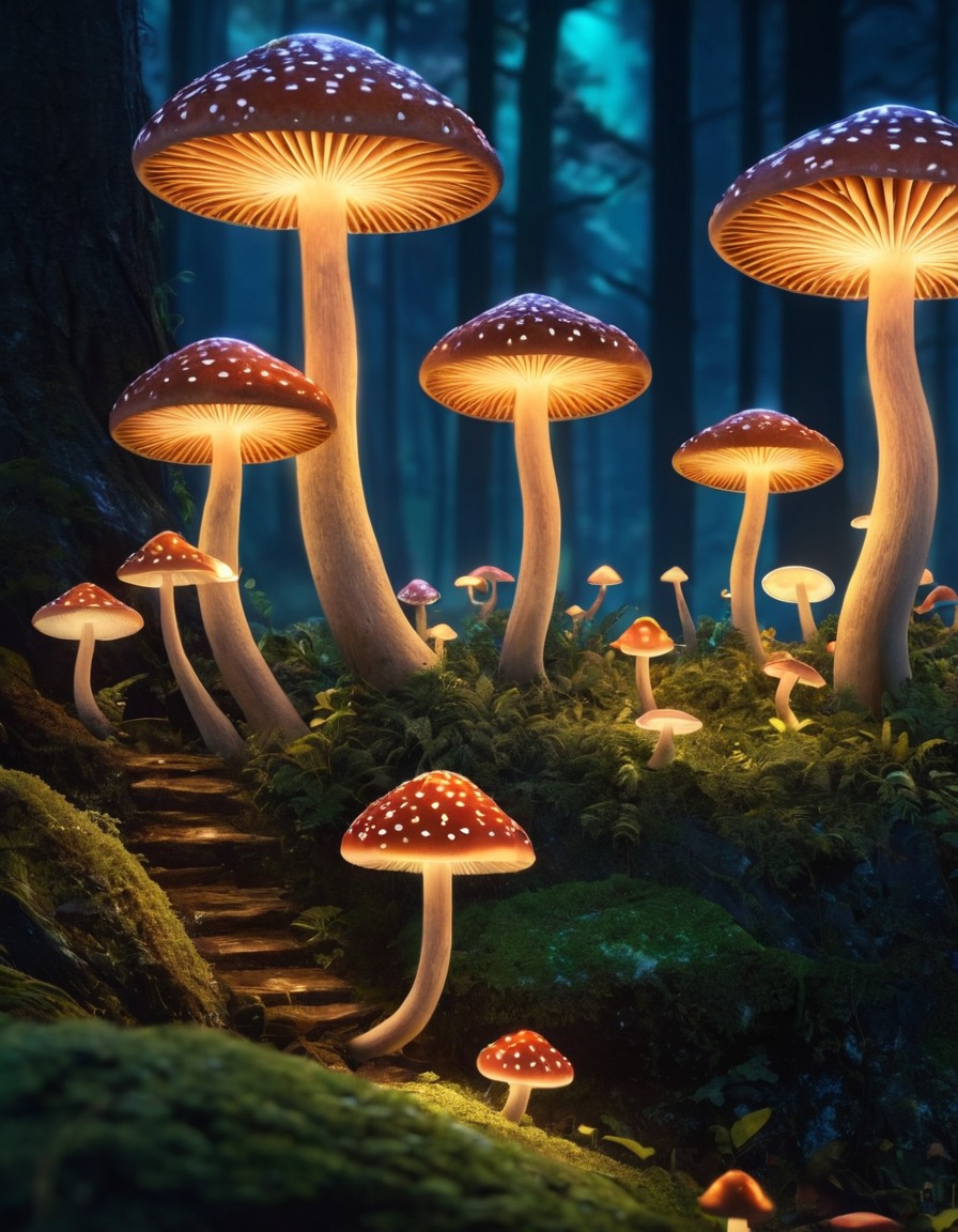 forest, glowing mushrooms, nighttime, stars, fantasy, nature, bioluminescent