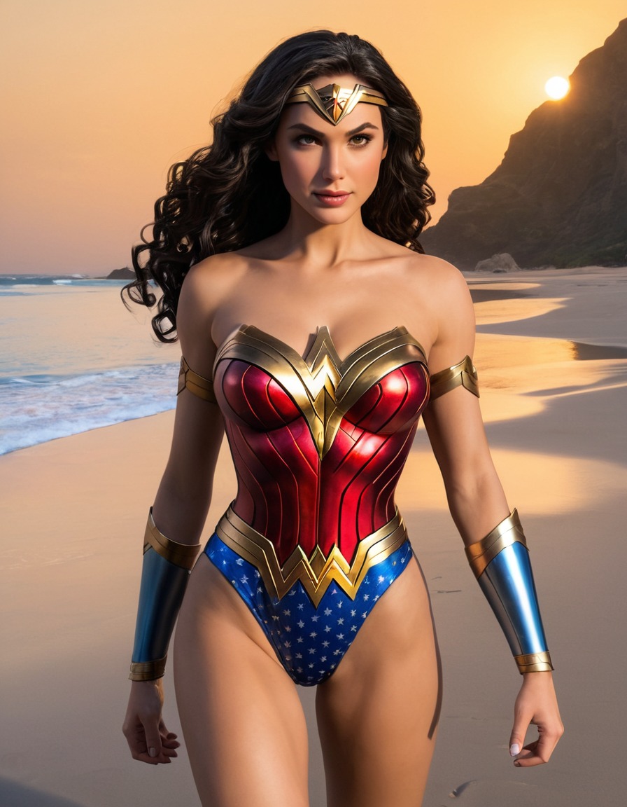 beach, wonder woman, dc comics, superhero, swimsuit, comic character, powerful woman