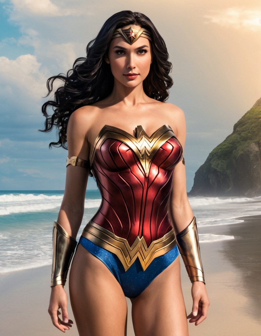 beach, wonder woman, dc comics, superhero, swimsuit, comic character, powerful woman