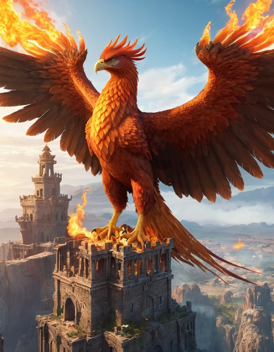 phoenix, firebreathing, fantasy, tower, mythical creature, ruins, landscape