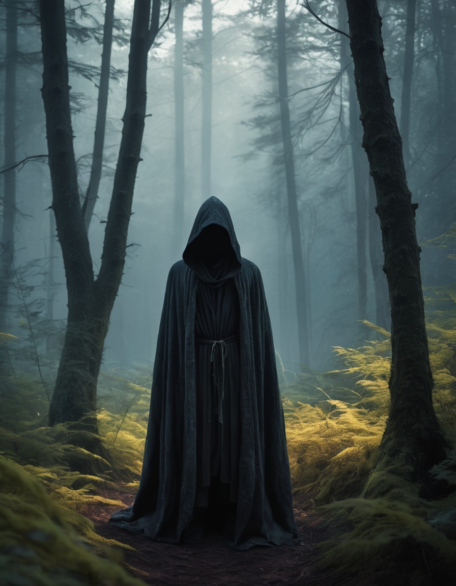 darkness, mystery, hooded figure, sinister, forest, shadowy figure, lovecraft, howard lovecraft