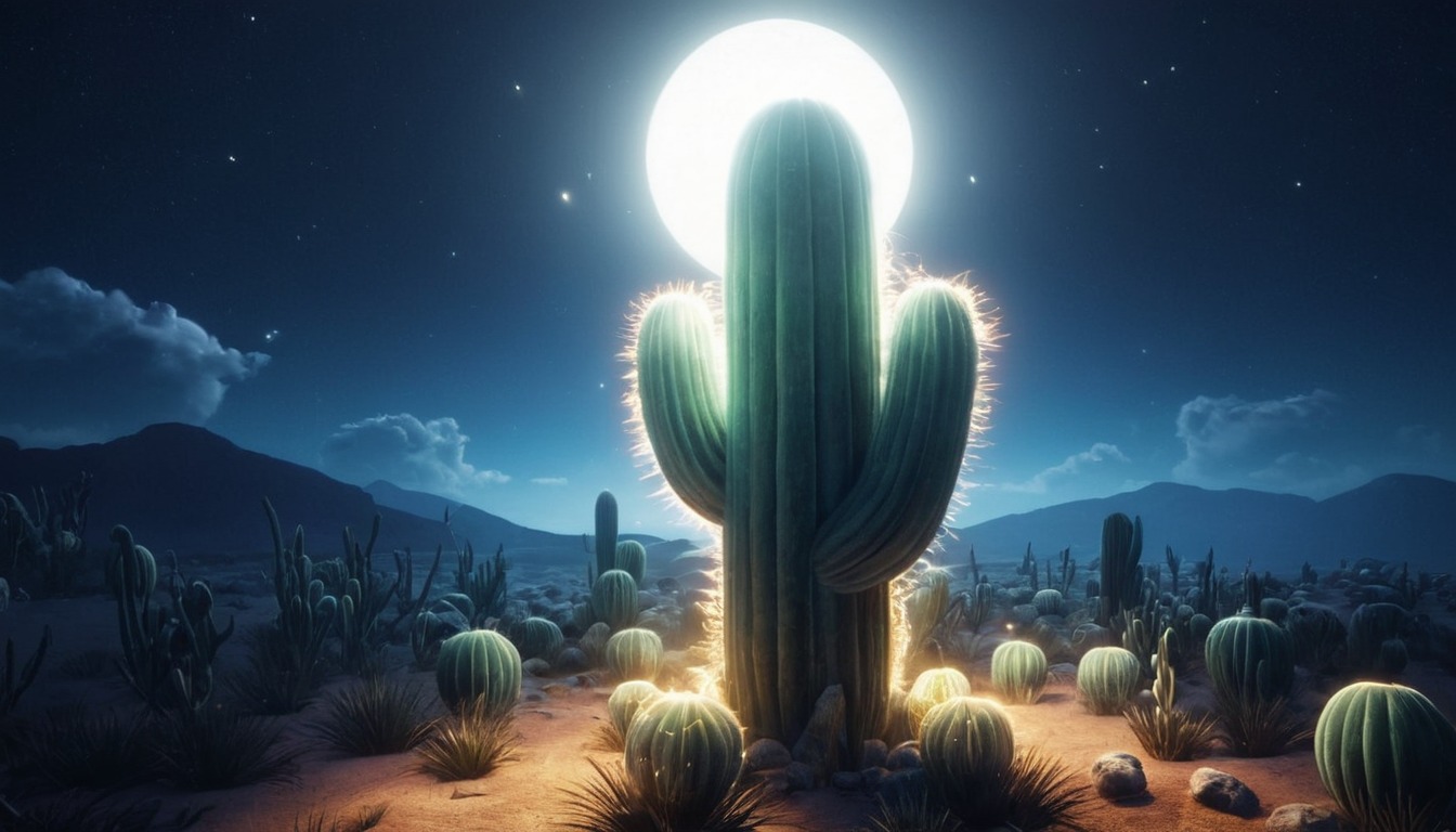 cactus, flowers, night, nightfall