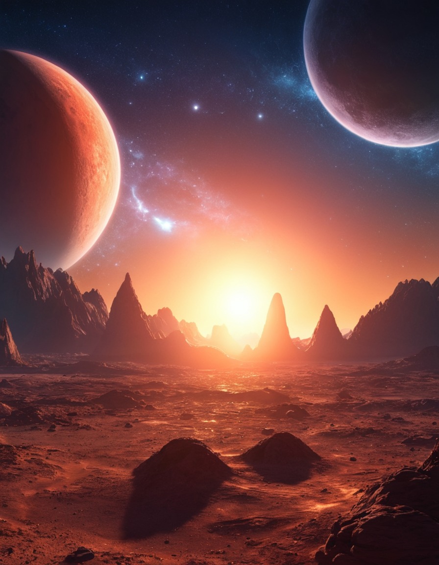 space, sunrise, distant planet, moons, space scene, astronomy, celestial bodies