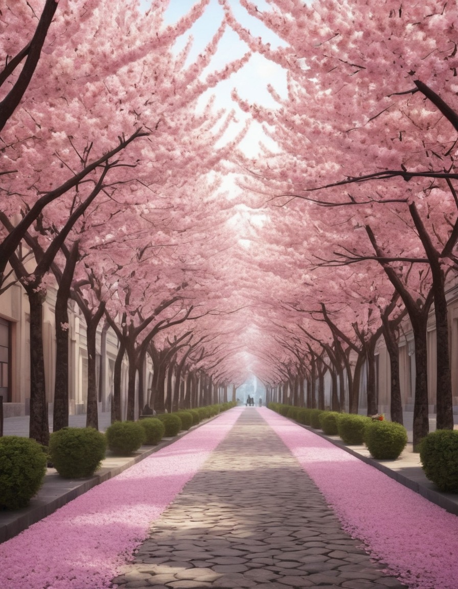 cityscape, cherry blossom trees, urban beauty, natural beauty, nature, city