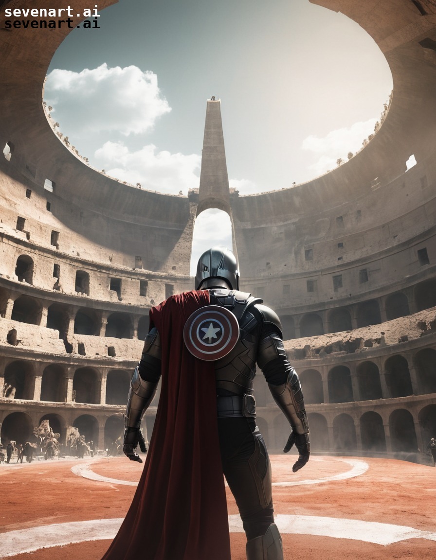 superhero, villain, futuristic, colosseum, battle, hero