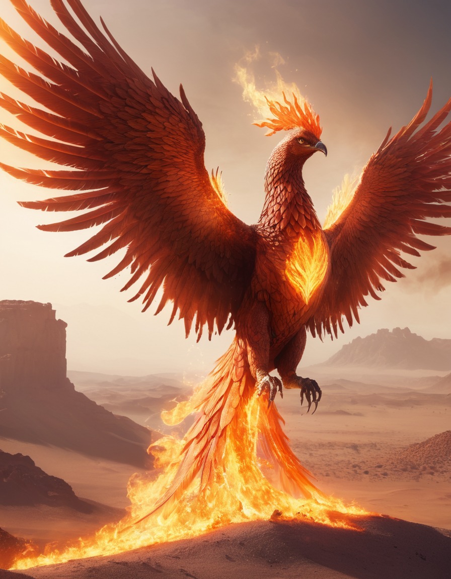 phoenix, mythical creature, rebirth, fire, desert