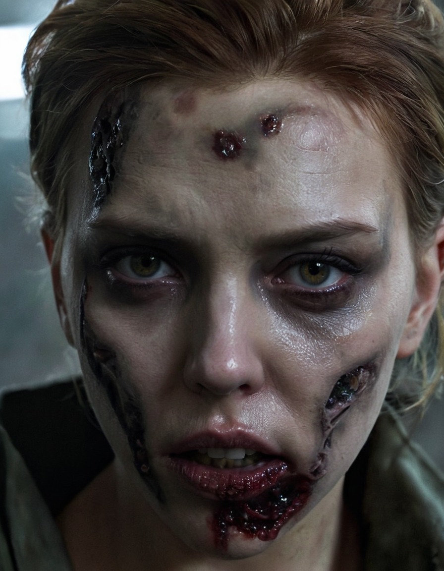 scarlett johansson, zombie, close-up, pale skin, empty eyes, celebrities