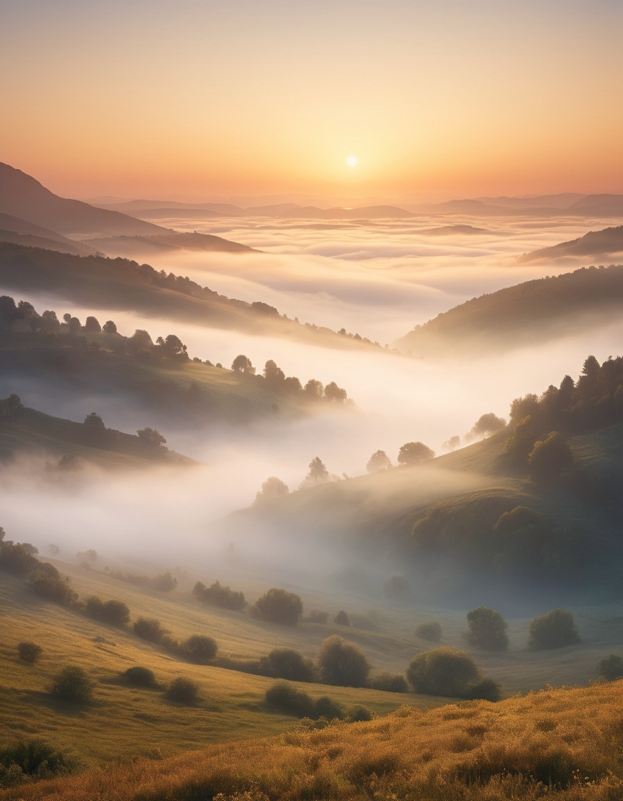 foggy morning, tranquil valley, sunrise, nature, weather, landscape