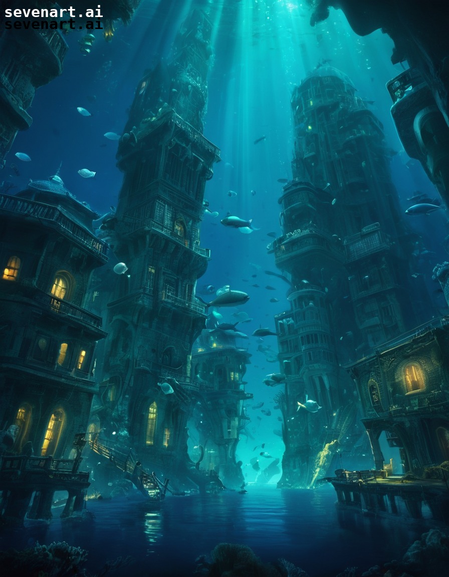 underwater, city, bio-luminescent, technology, ocean depths, future