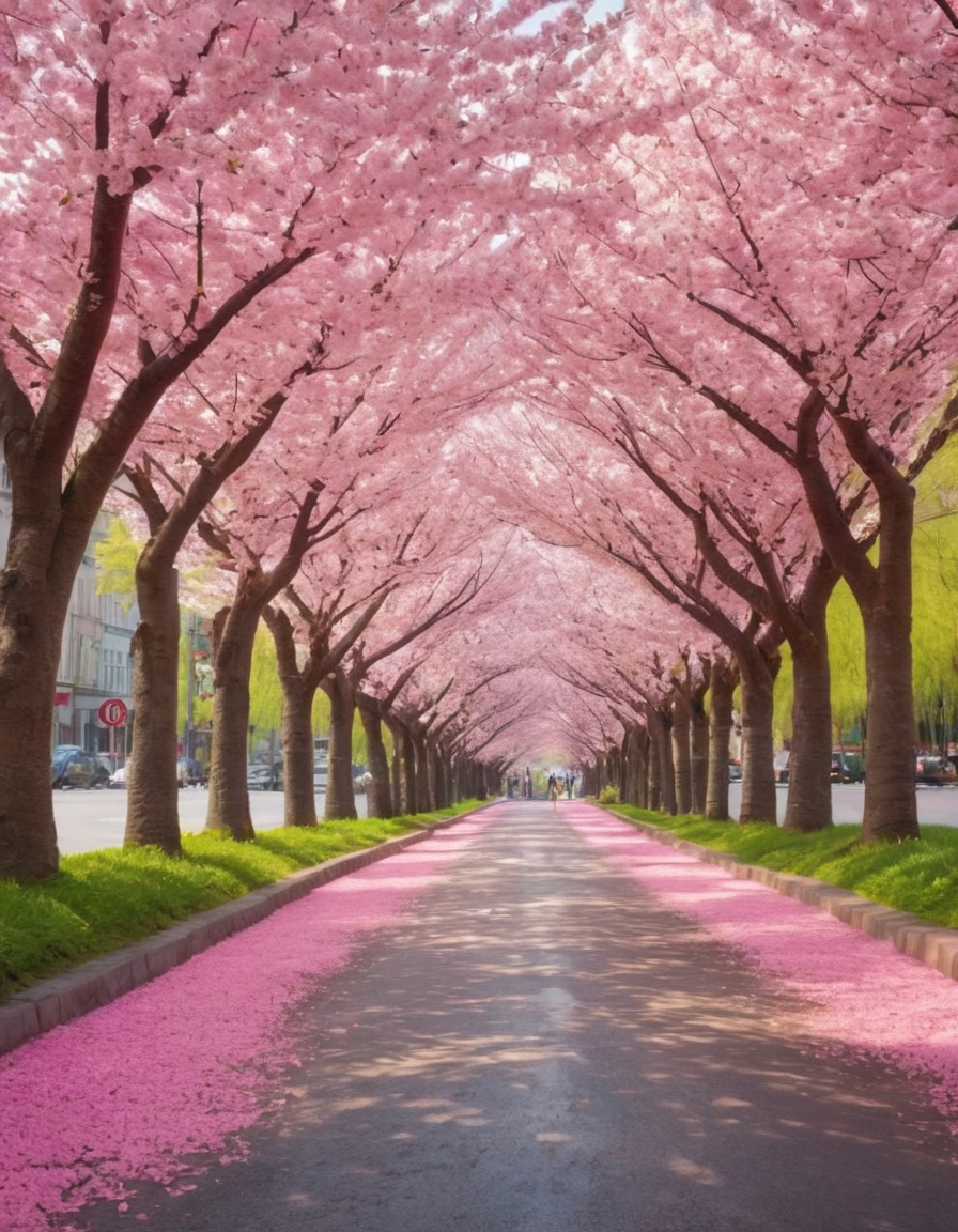 city, street, cherry blossoms, nature, urban landscape