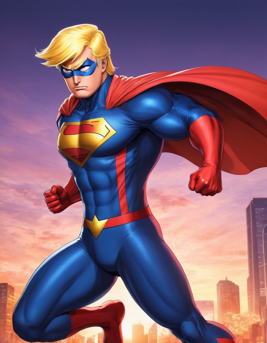 anime, donald trump, superhero, larger-than-life, dynamic pose, bold costume, politics